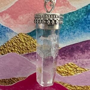 Clear Quartz Large Pendant Silver Necklace on paperclip chain